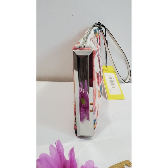 Karen Millen Floral Clutch Wristlet Bag Cream Pink Roses Designer Evening - Picture 4 of 14